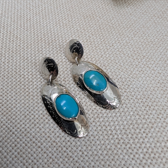 Handmade Jewelry - Vintage Handmade Sterling Silver Turquoise Stud Earrings | Florida Keys | 1.75”